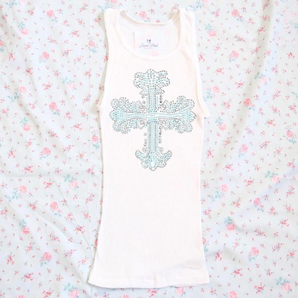 rhinestone cross ribbed tank mcbling y2k saint pink